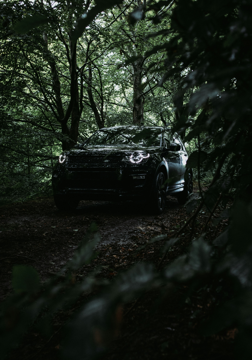 black car driving through the forest
