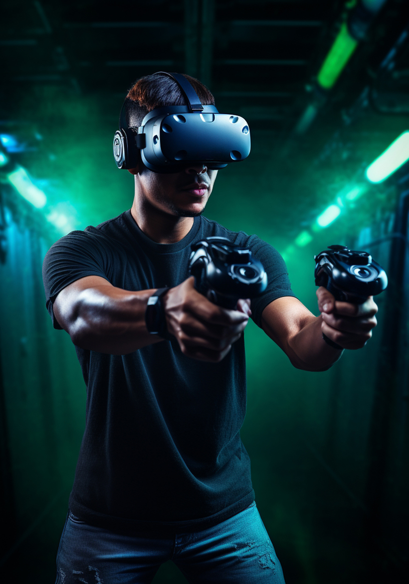 boy playing game with futuristic virtual reality glasses