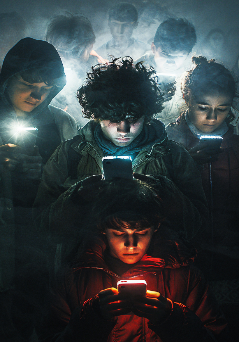 boys play game in mobile in night