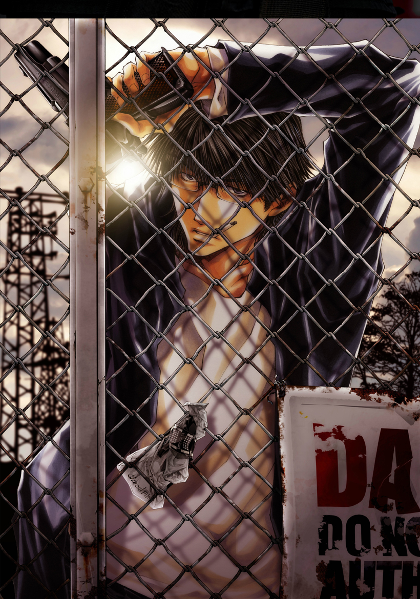 cartoon character holding a gun behind the fence