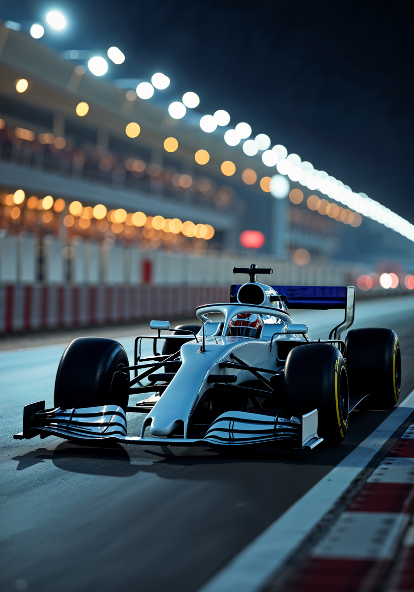 f1 car parked in blurry nightview