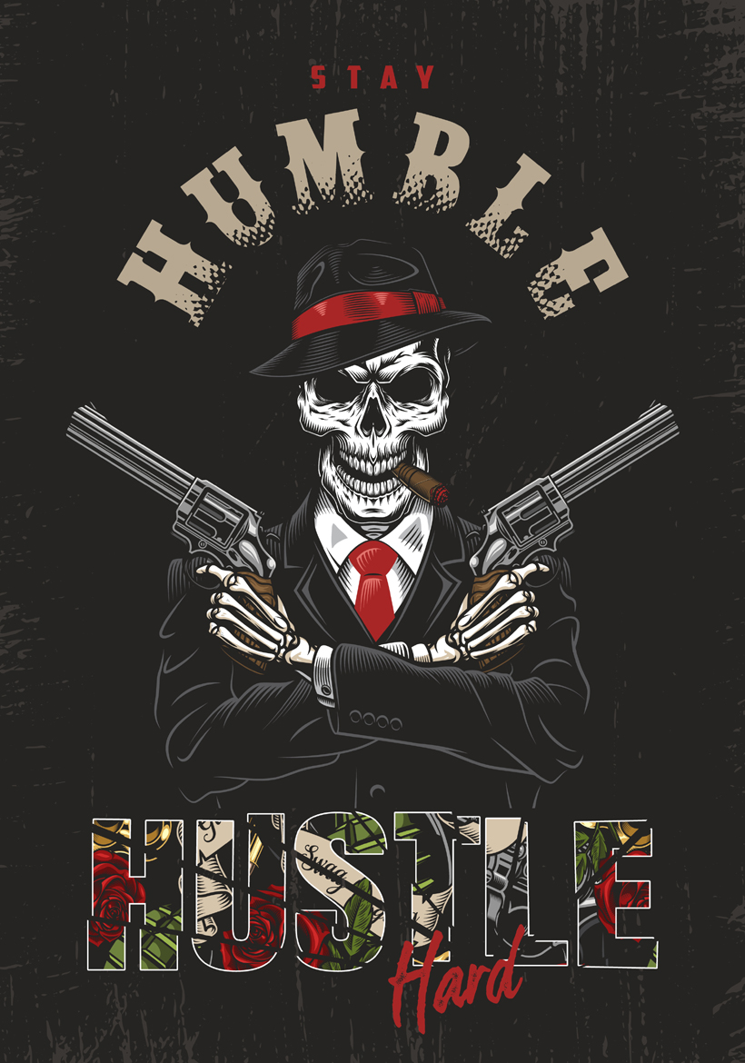 hustle hard skeleton gun poster