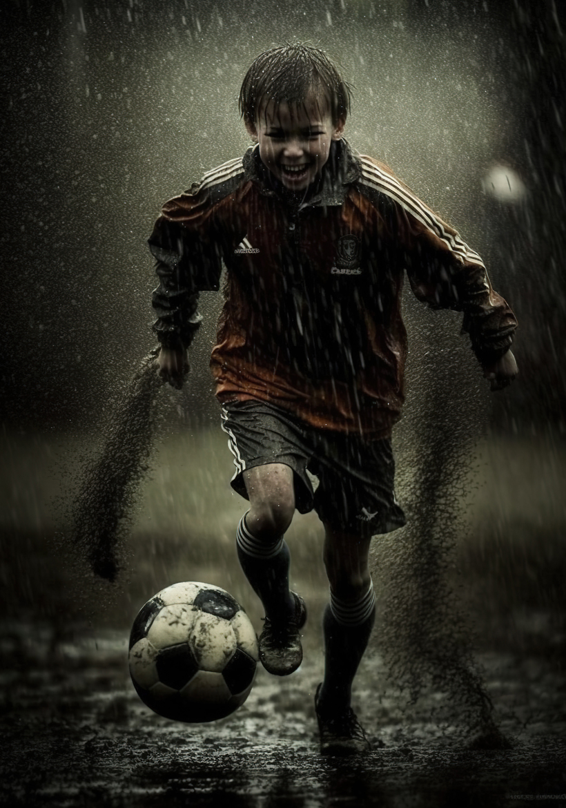 little boy playing football in the mud rain
