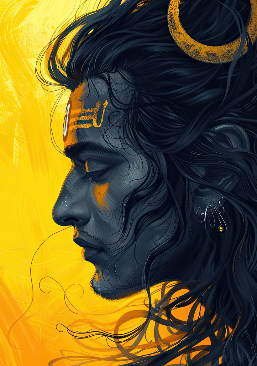 lord shiva with curly hair in yellow shadow light
