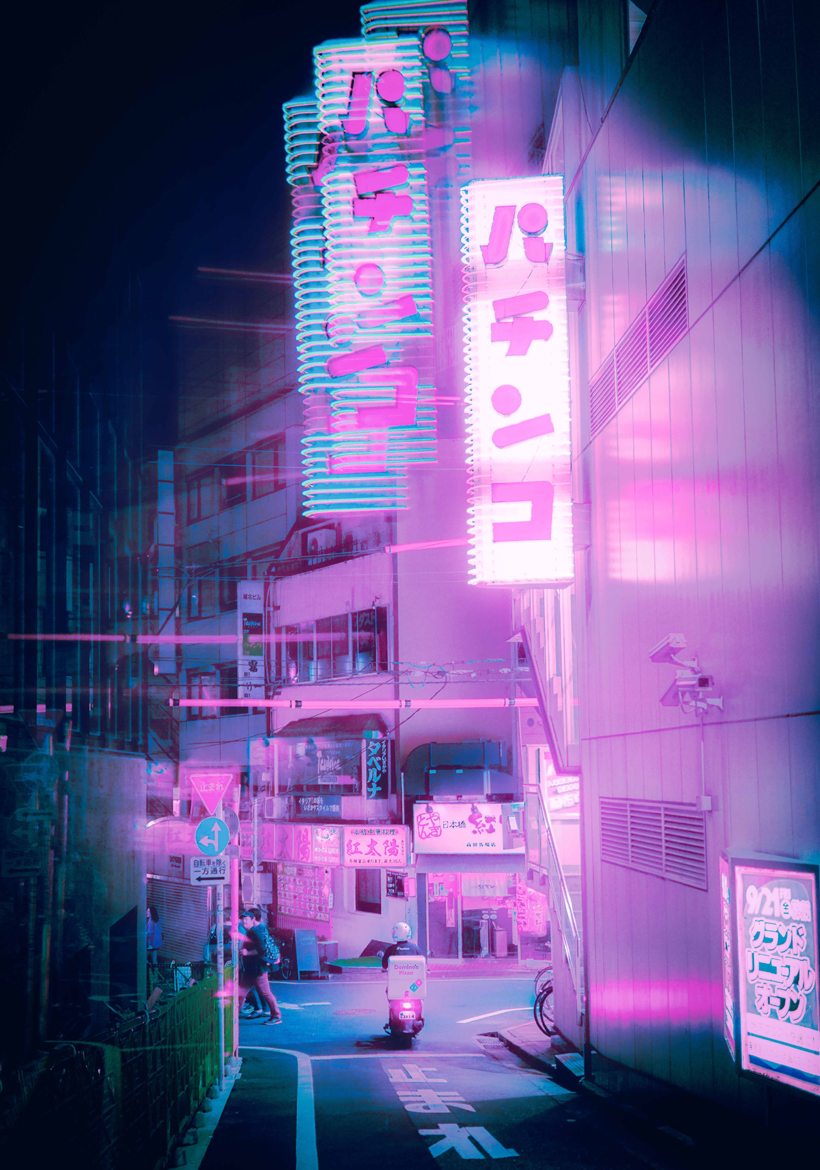 pizza boy deliver in neon light street view