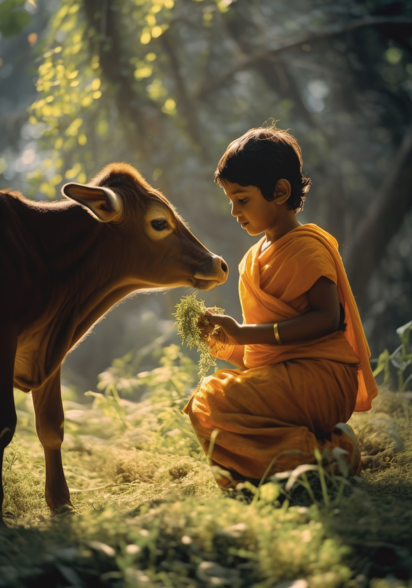 young boy playing with little calf
