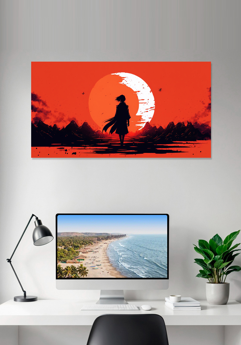 beautiful orange sunset with standing girl