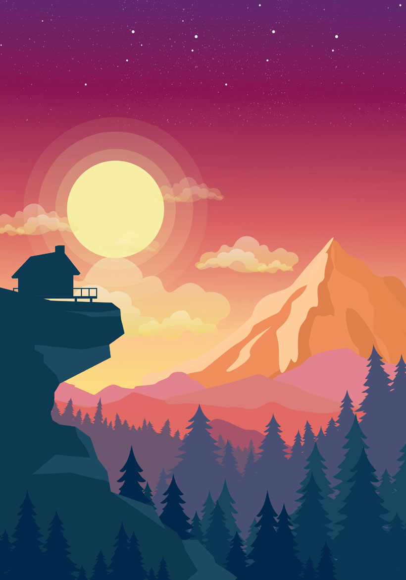 house on top of mountain with amazing sunset illustration