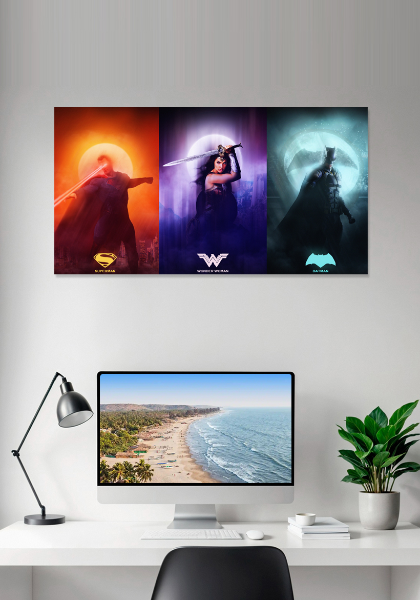 three shade poster of superman and wonder woman and batman